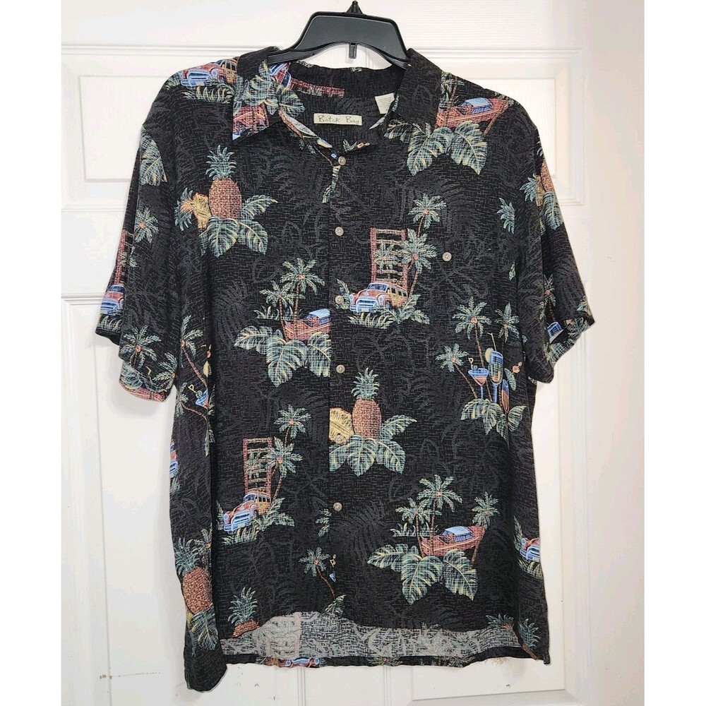 Batik Bay Hawaiian Shirt Mens 2XL Black Palm Trees Drinks Pineapple Cars Resort